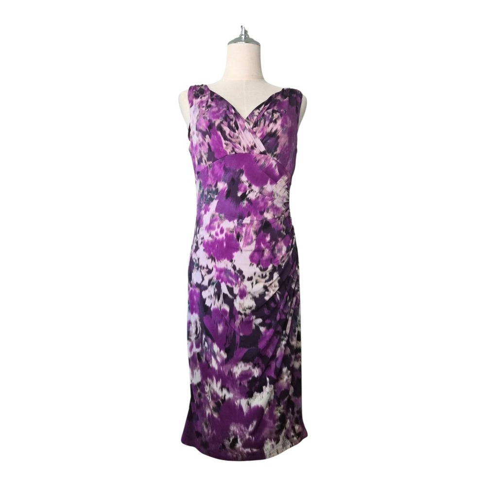 Lauren Ralph Lauren Purple Floral Ruched Sheath Dress Size 8 NWT Cocktail Midi